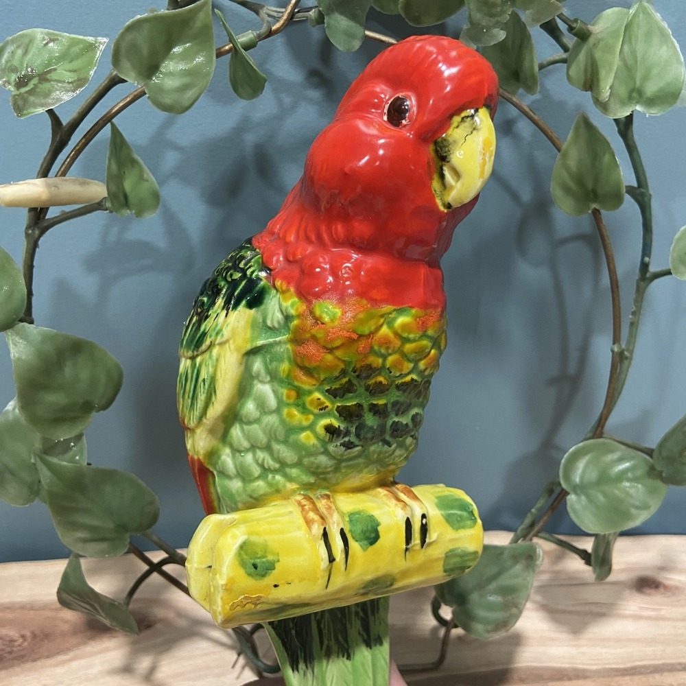 Vintage 1950's Norcrest Hanging Parrot On Antique Hoop With Leaves